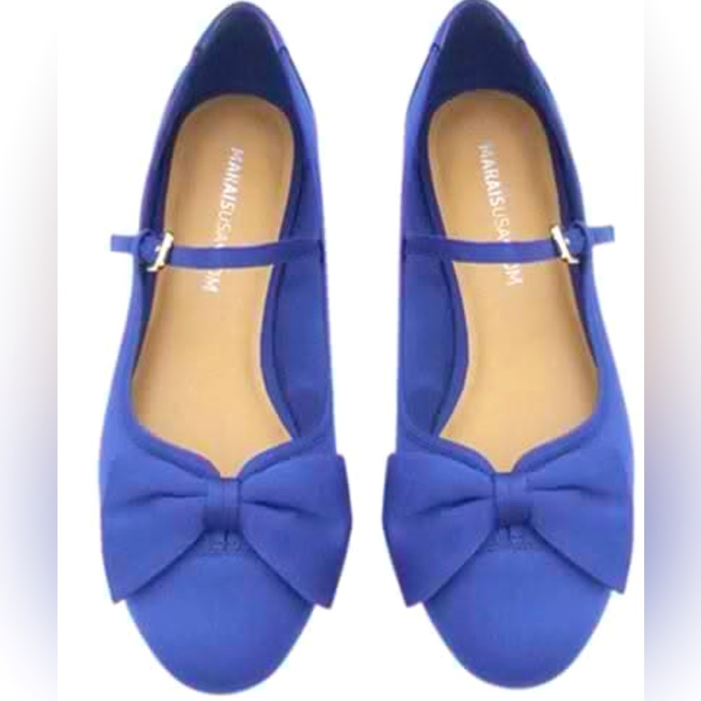 Satin blue Mary Jane ballet flats with bow in navy blue size 9
